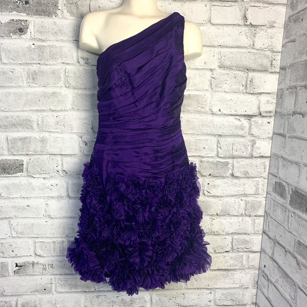 Theia One Shoulder Purple 100% Silk Ruched Rosette 3D Appliqué Cocktail Dress